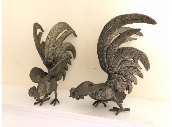 Pair Of Bronze Roosters