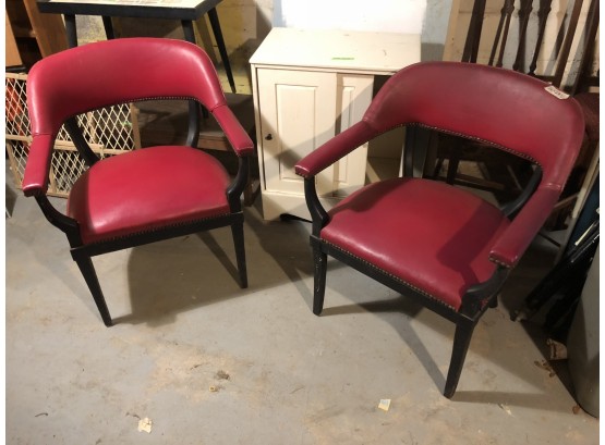 Pair Of Red Vinyl Chairs With Nailhead Detail