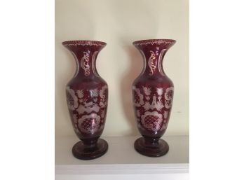 Pair Of Etched Cranberry Glass Vases