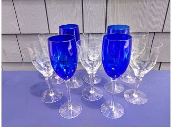 Six Etched Wine Glasses And Four Cobalt Blue Wine Glsses