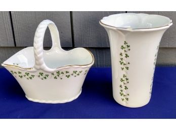 Shamrock Basket And Vase Both China From Irish Parian Donegal