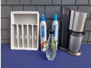 Sodastream And Two Flavor Canisters, Silverware Divider, Glass Bottle