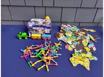 Lot Of Toys - Magnetic Sticks And Balls, Country Puzzle Pieces, Trains And Science Trivia Game