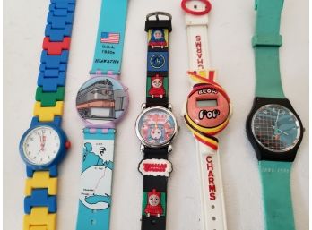 Five Fun Watches, Lego, Thomas The Train, Liberty Swatch,  Blow Pop & Other Train Watches