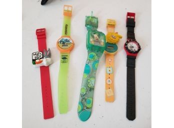 Group Of Five Kid's Watches, Big Bird, Bugs Bunny, Dinosaur, Simpsons And Panda