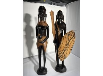 Set Of 2 African Statue Artist Musau - Minor Scratch On Shield 19H