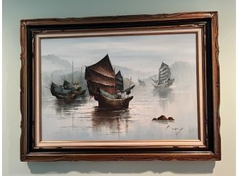 Oil Of Sampan Asian Boats Wood Frame By P Wong 44x32