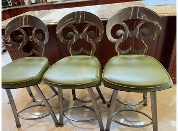 3 Kitchen Counter Stools Green Seat With Silver Backs 18x19x40 (seat 24-1/2)