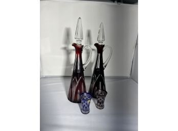 2 Depression Like Wine Decanter 17' H And 2 Shot Glasses