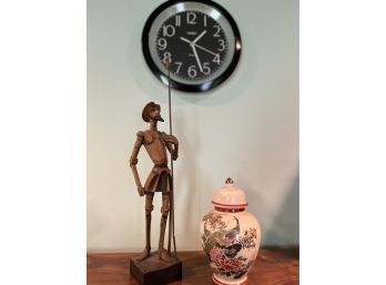 Don Quixote Statue, Clock And Small Asian Vase