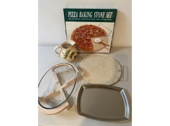 Pizza Baking Stone Kit, Glass Serveware, Tray And Water Pitcher