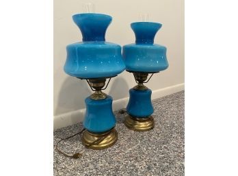 2 Blue Glass Hurricane Lamps Working Condition 22 Diameter 25 H