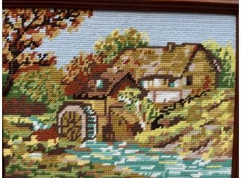 Handmade Needlepoint Home With Wheel On River On A Wooden Frame