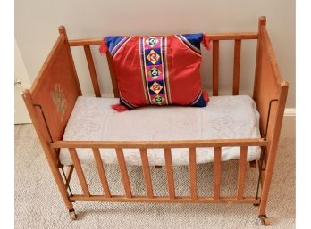 Vintage Wood Child's Play Doll Crib On Casters
