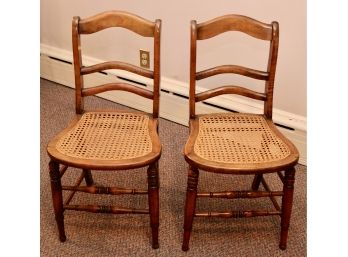 Set Of Two Vintage Wood And Cane Chairs