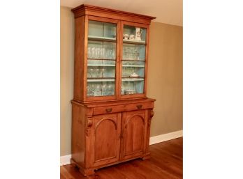 Antique Wood China Hutch Cabinet With Robins Blue Interior