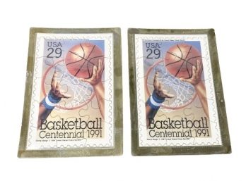 Set Of (2) Two Vintage Jigsaw Puzzle-US Postage Stamp Postcard, Basketball Centennial 1991