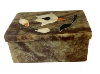 Vintage Small Marble Trinket Jewelry Box With Flower Design. Made In India.