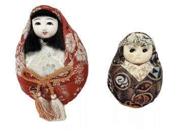 Set Of TWO Rare Vintage Japanese Daruma Gofun Doll Mother And Child