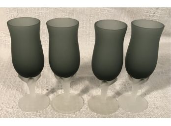 Set Of Four Cordial Frosted Green Glasses With Stem