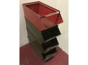 4 - Stackable Heavy Metal Bins 1- Red And 3 - Green 15.5 X 7.75 X 6 Inches