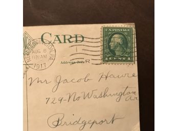 Post Card With Rare Stamp Post Marked 1924.  Lot 44 Rare 1 Cent George Washington Stamp Offset Bottom Perforat