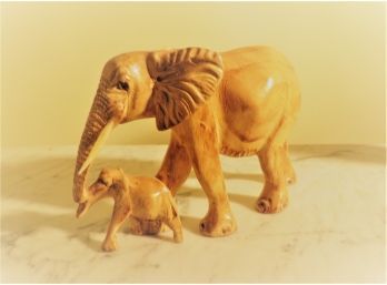 Carved Wood Elephant Family Sculpture