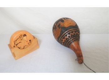African Carved Gourd Rattle And Safari Animal Coasters