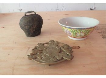 Asian Bowl, Antique Bell And Brass Trivet