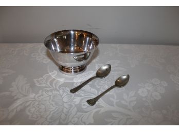 Academy Silver On Copper Bowl With Decorative Spoons