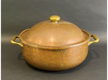 A Vintage Copper Pot With Lid & Brass Handles