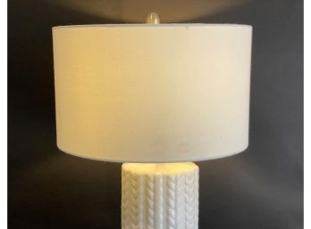 A Fabulous Table Lamp With A Knit-Patterned Ceramic Body & Drum Shade