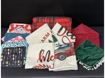 A Great Assortment Of Decorative Holiday Throw Pillow Cases & Two Plaid Throw Blankets