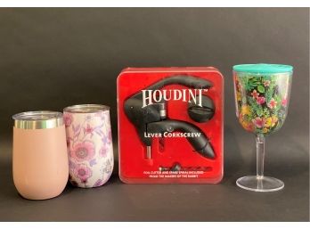 It's Wine-O-Clock: Houdini Corkscrew, Unbreakable Wine Glass & Two Insulated Wine Tumblers