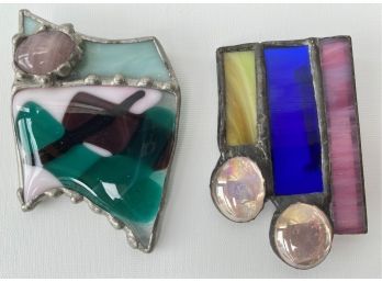 2 Vintage Hand Made Stained Glass Brooches Pins, 1980s Jewelry