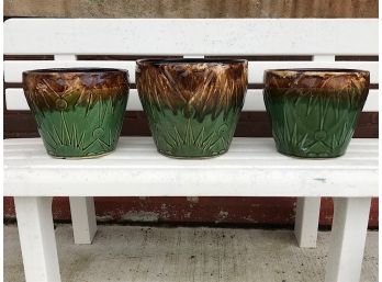 Three Ceramic Brown And Green Pots