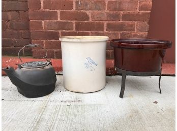 Cast Iron Kettle Vintage Crock And Outddor Planter And Stand