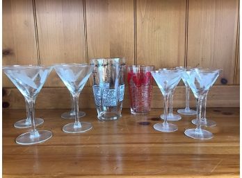 Two Vintage Shakers And Vintage Martini Glasses
