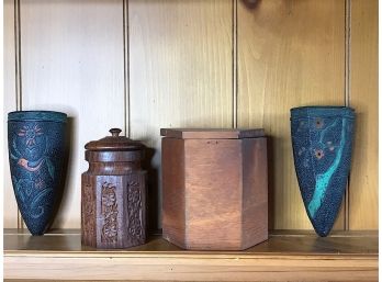 Two Wooden Jars And Two Unique Wall Vessels