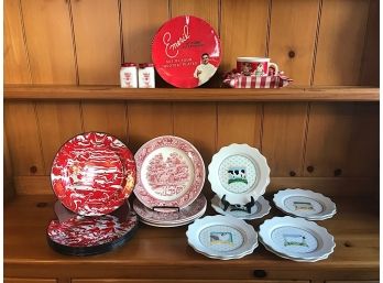 Assorted Plates And Red & White Dinnerware.
