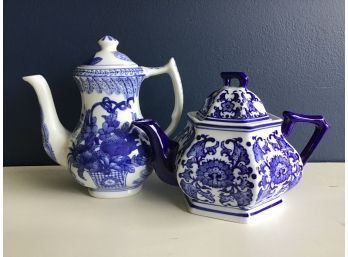 Set Of 2 Blue/ White Ceramic Teapots