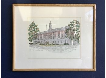 Architectural Drawing Of Waterbury City Hall, Signed John Paquette, 1981 -  21 X 17