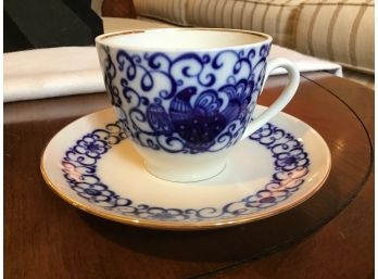 Blue/ White Russian Tea Cup And Saucer With Gold Rim