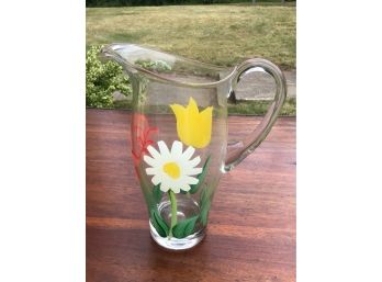 Mid Century Handpainted Floral Glass Pitcher - 10H