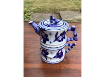 Blue And White Floral Teapot And Cup, Stackable