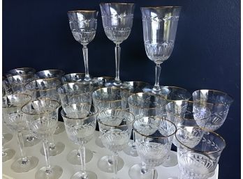 Set Of 24 Vintage Crystal Gold Rimmed Glasses, Etched - 8 Each Water Goblets, Red And White Wine Glasses