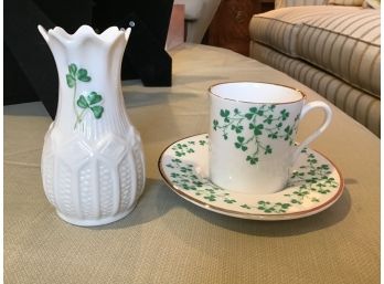 Belleek Classic Shamrock Petite Vase And Harleigh Cup And Saucer