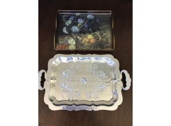 Trays - Continental Silver Co Inc 1055 Wild Rose, Brilliantone Hammered And Iridescent With Blue Hydrangeas