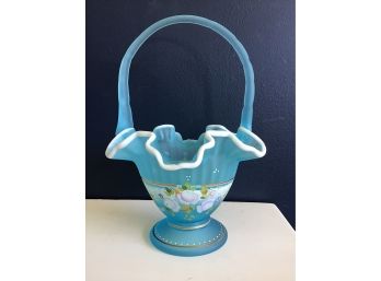 Fenton 2002 Charleton Collection Art Glass - Hand Painted Aqua Blue Basket By P. Fleak?, Signed Bill Fenton