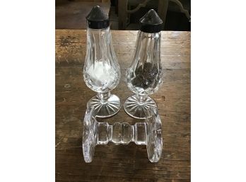 Waterford Crystal Lismore Footed Silverplate Salt & Pepper Shakers Plus Crystal Knife/Spoon Rest